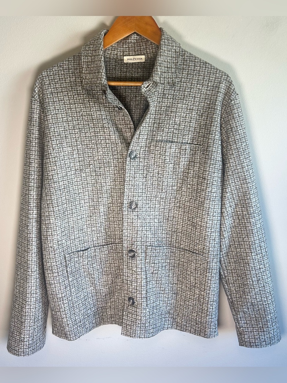 Phil Petter Wool Button Down Shirt Mens 54/L Gray Houndstooth Overshirt Eco Roma